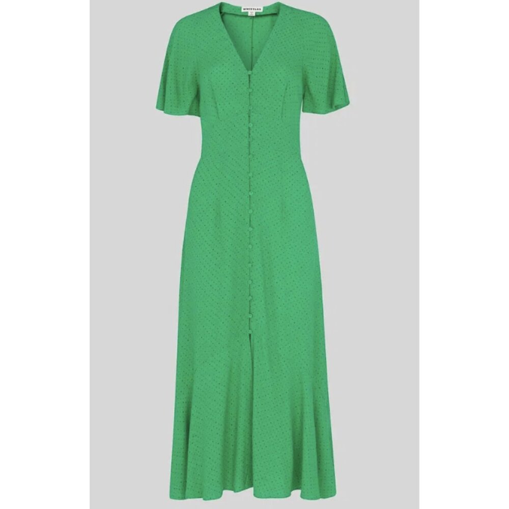 WHISTLES Micro Spot Button Maxi Dress in Green Polka Dot Preppy Flowy Cottage